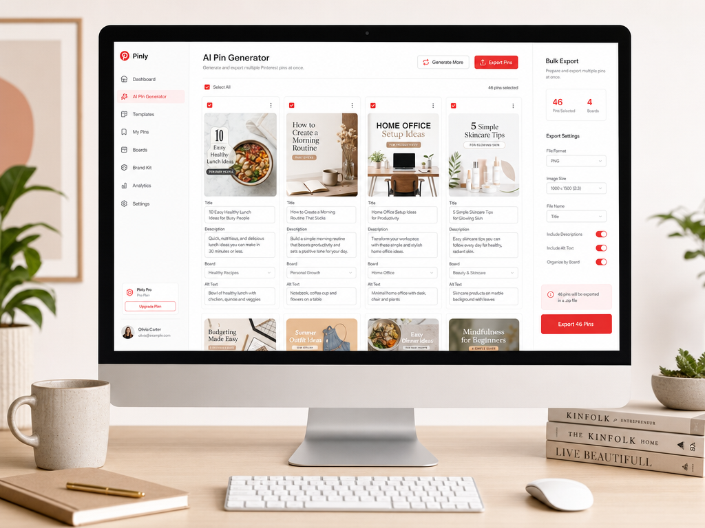 AI Pin generator creating keyword-optimized Pinterest titles and descriptions