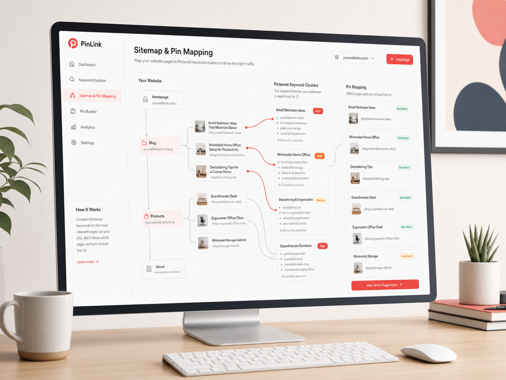 Website traffic map connecting site pages to Pinterest keyword opportunities